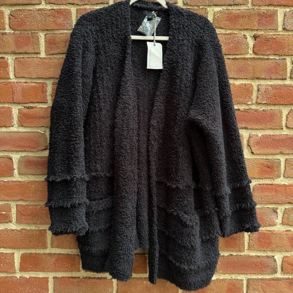 Barefoot Dreams $158 Cozychic Boardwalk Cardigan black Open Front Pockets Relaxe